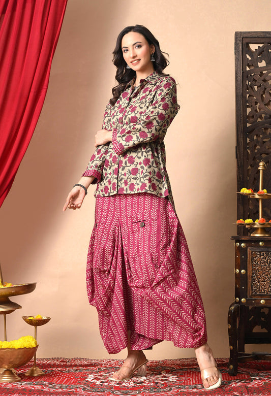 Magenta & Khaki Floral Cotton Co-ord Set with Draped Bottom