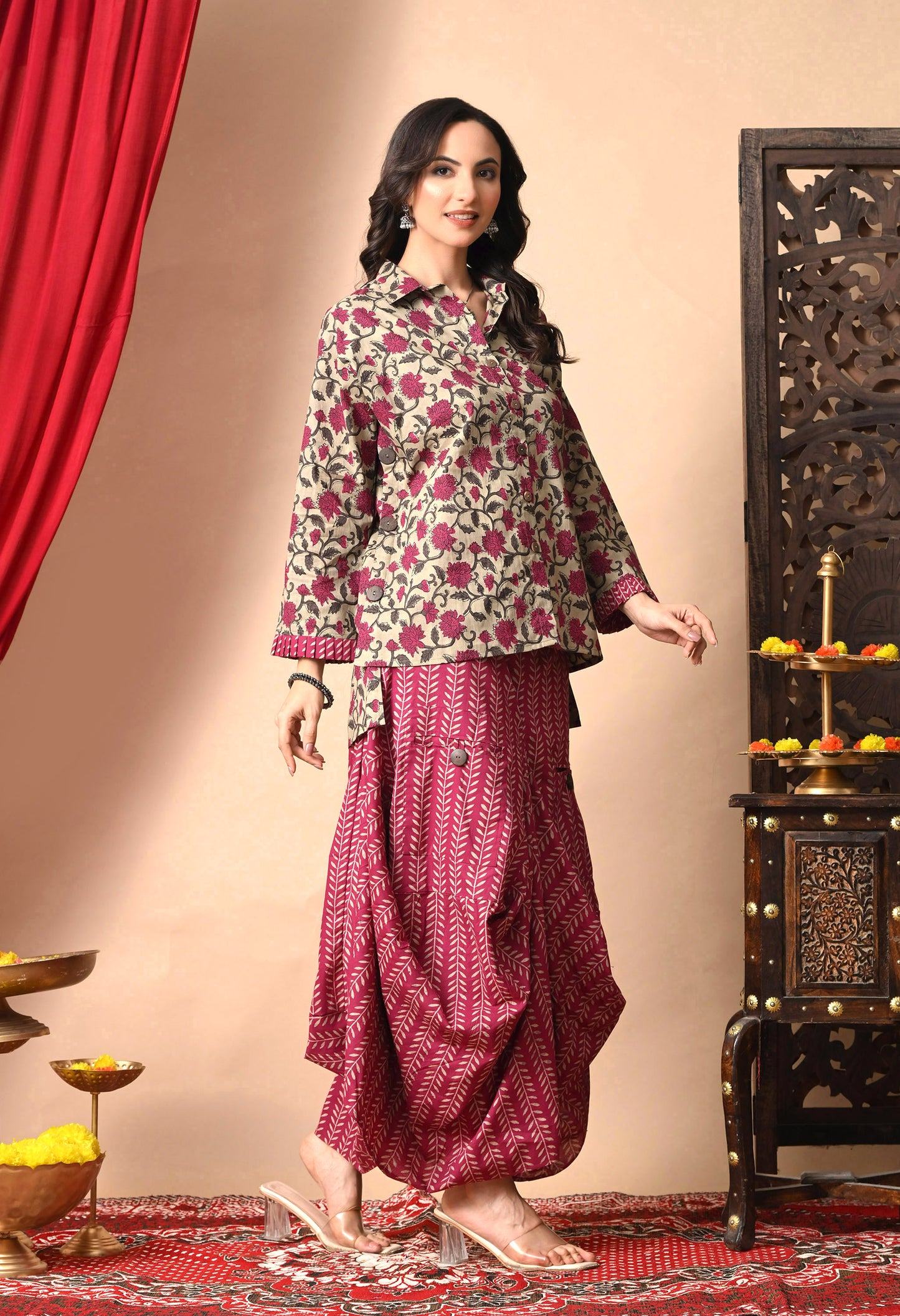 Magenta & Khaki Floral Cotton Co-ord Set with Draped Bottom