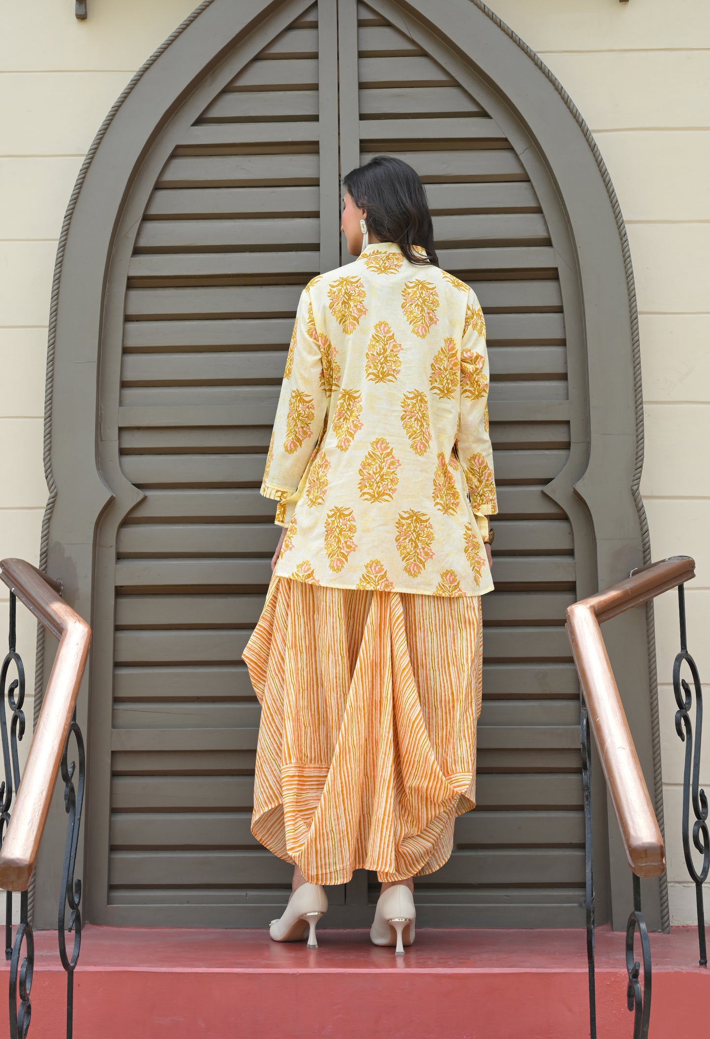 Yellow Floral Hand-Block Shirt & Striped Utility Dhoti Co-ord Set