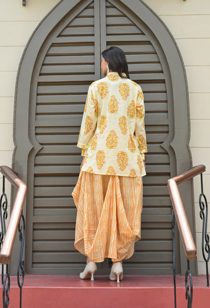Yellow Floral Hand-Block Shirt & Striped Utility Dhoti Co-ord Set
