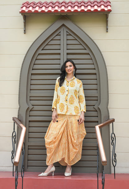 Yellow Floral Hand-Block Shirt & Striped Utility Dhoti Co-ord Set