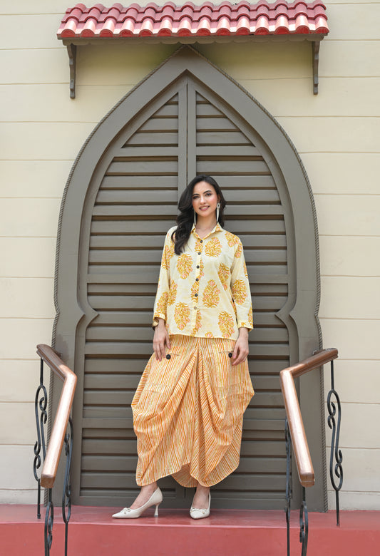 Yellow Floral Hand-Block Shirt & Striped Utility Dhoti Co-ord Set