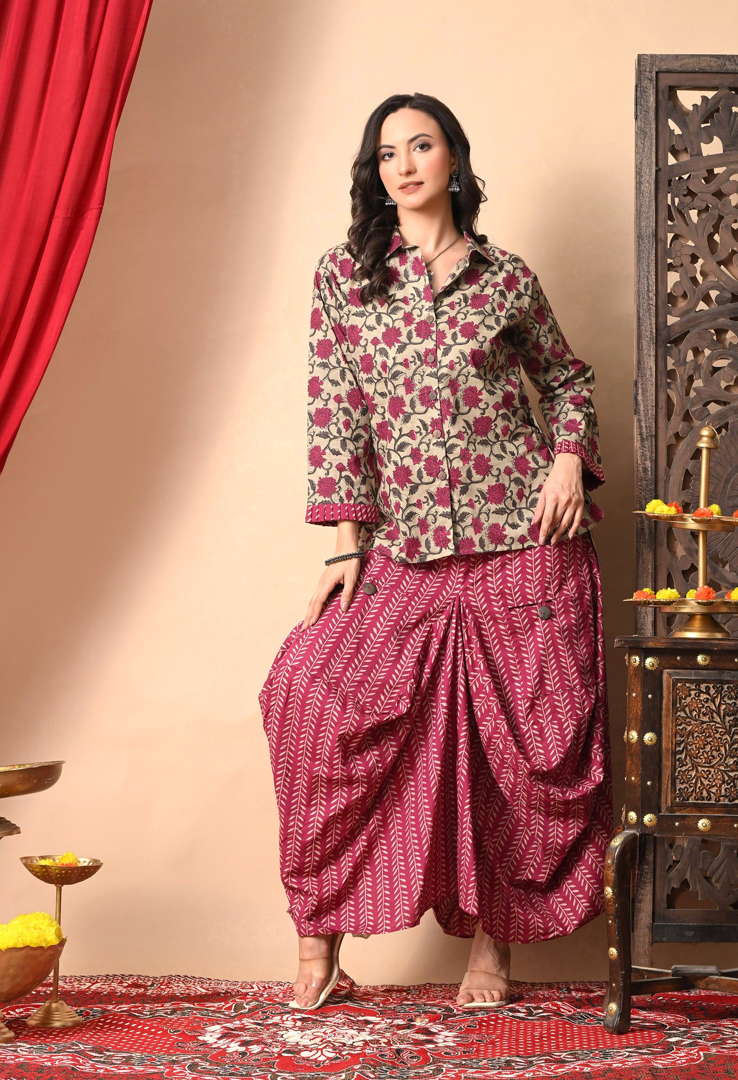 Magenta & Khaki Floral Cotton Co-ord Set with Draped Bottom