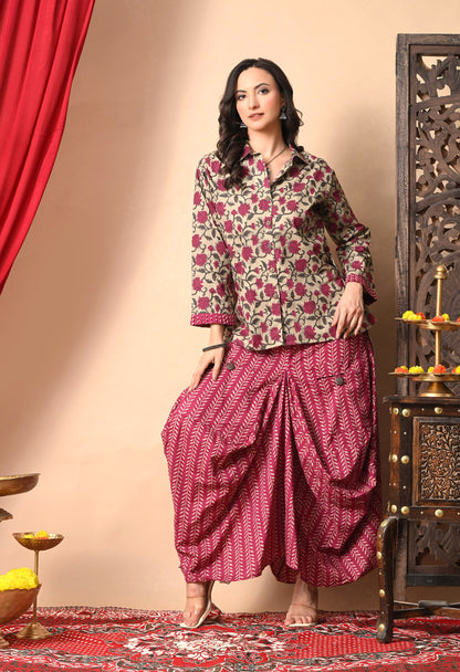 Magenta & Khaki Floral Cotton Co-ord Set with Draped Bottom