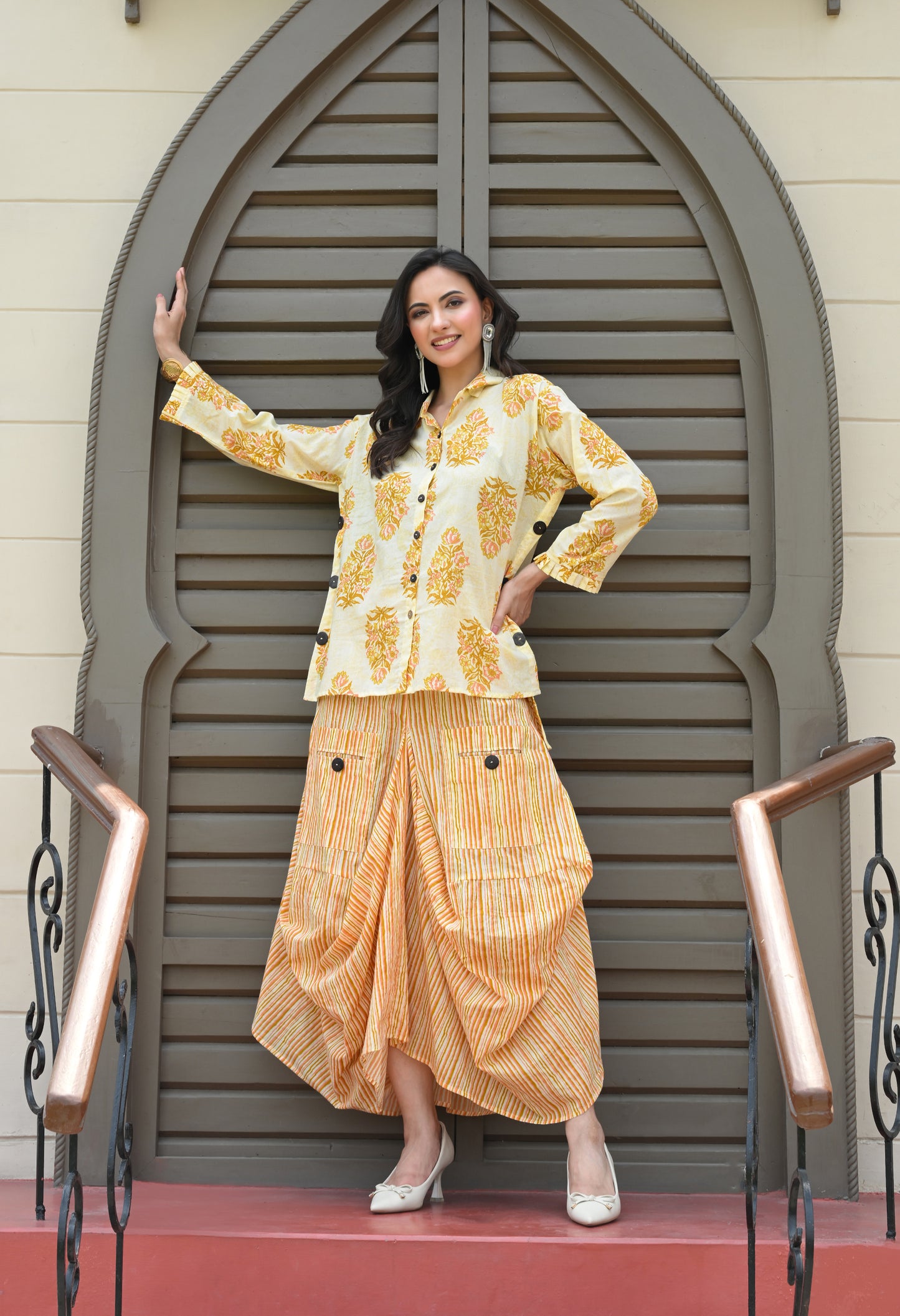 Yellow Floral Hand-Block Shirt & Striped Utility Dhoti Co-ord Set