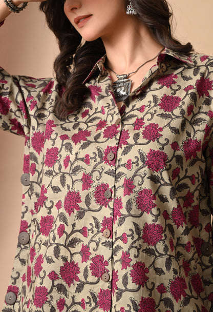 Magenta & Khaki Floral Cotton Co-ord Set with Draped Bottom