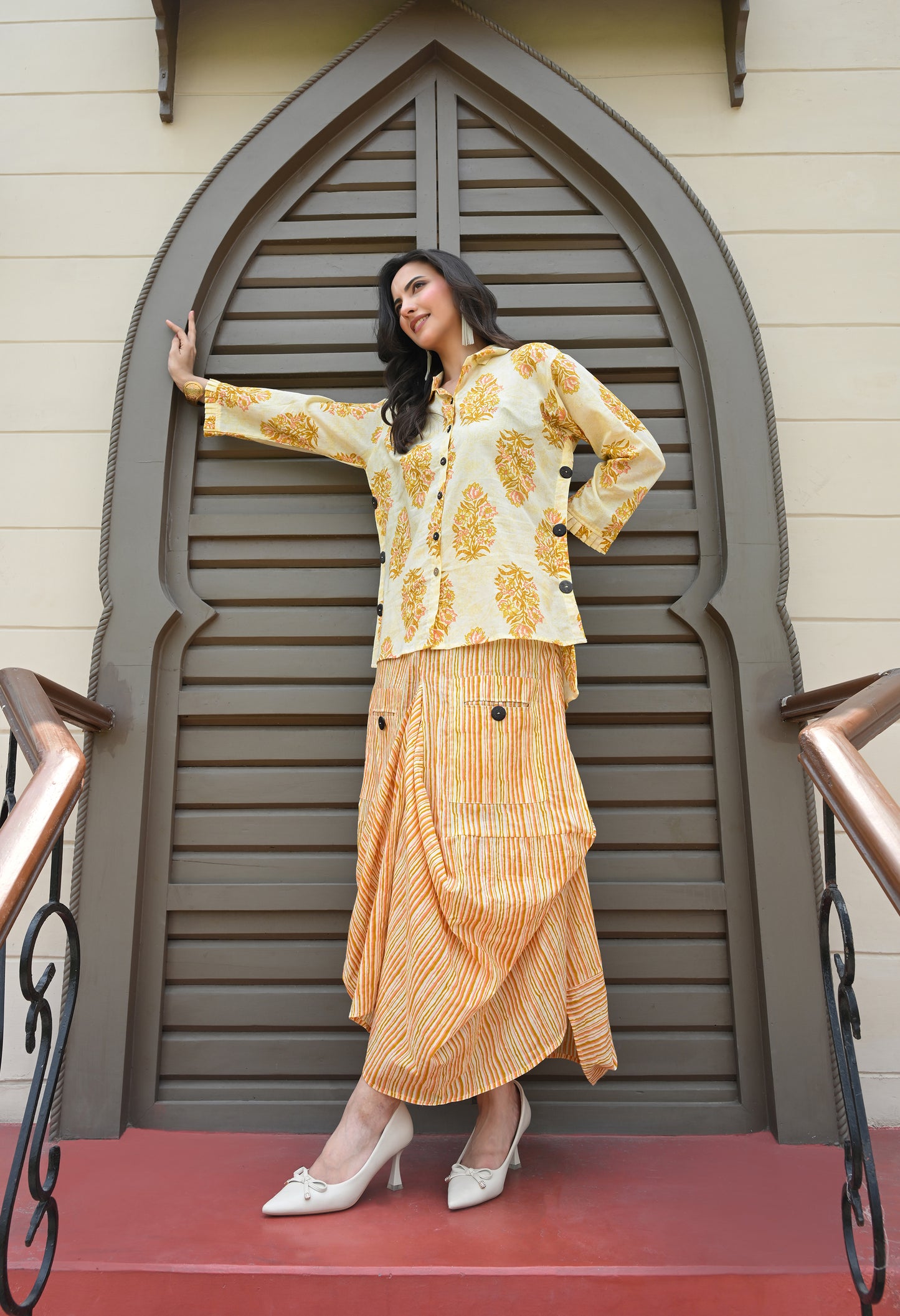 Yellow Floral Hand-Block Shirt & Striped Utility Dhoti Co-ord Set