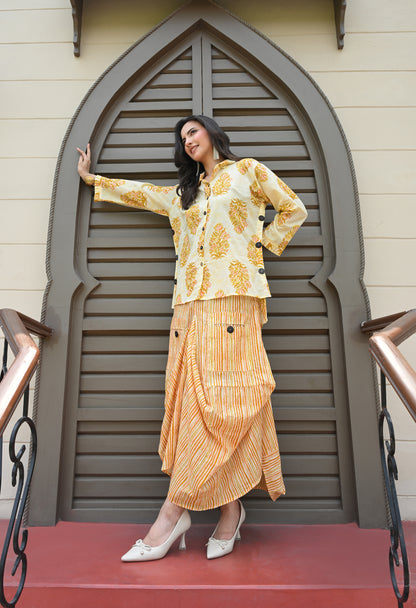 Yellow Floral Hand-Block Shirt & Striped Utility Dhoti Co-ord Set