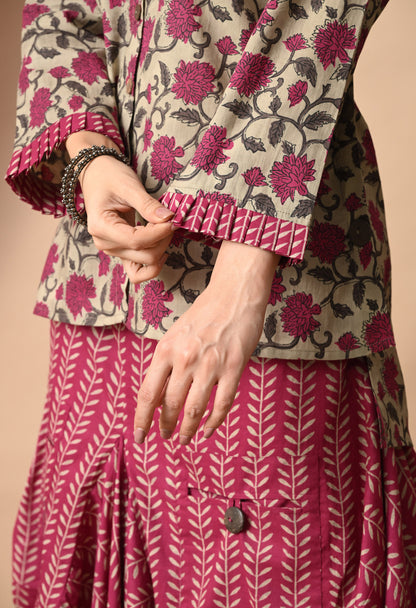 Magenta & Khaki Floral Cotton Co-ord Set with Draped Bottom