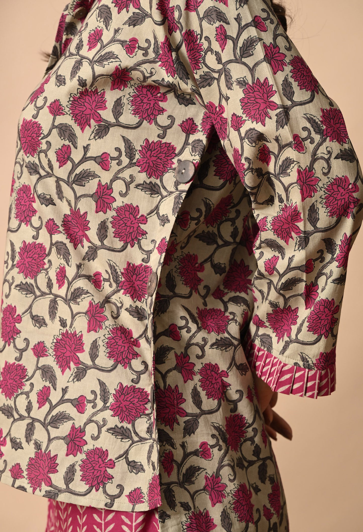 Magenta & Khaki Floral Cotton Co-ord Set with Draped Bottom