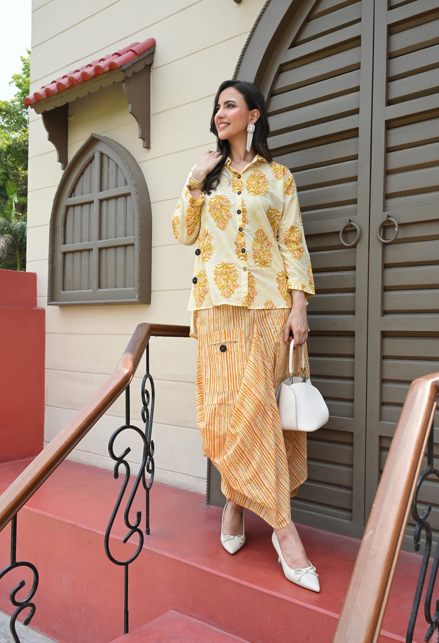Yellow Floral Hand-Block Shirt & Striped Utility Dhoti Co-ord Set