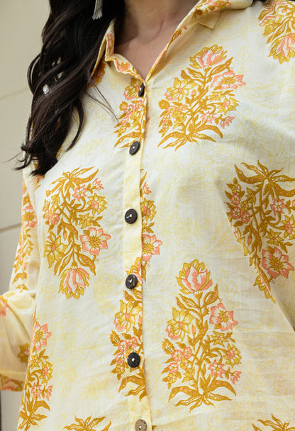Yellow Floral Hand-Block Shirt & Striped Utility Dhoti Co-ord Set