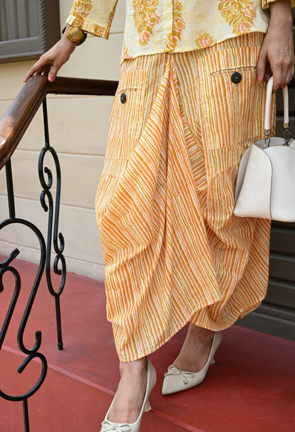 Yellow Floral Hand-Block Shirt & Striped Utility Dhoti Co-ord Set