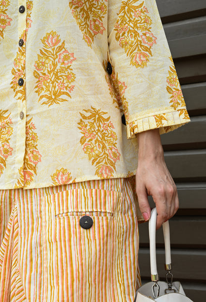 Yellow Floral Hand-Block Shirt & Striped Utility Dhoti Co-ord Set