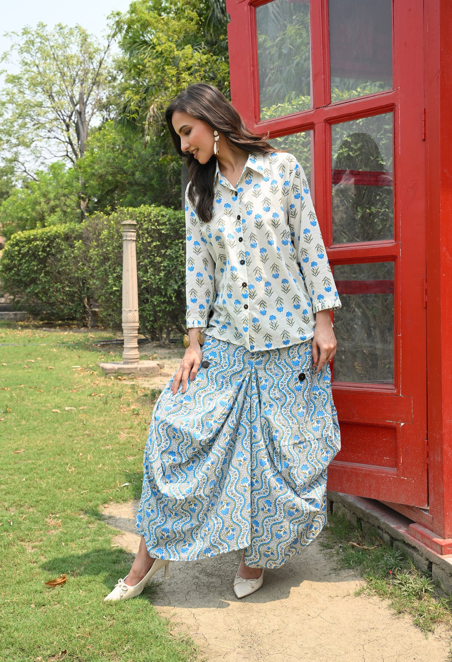 White & Blue Floral Hand-Block Shirt & Scalloped Utility Dhoti Co-ord Set