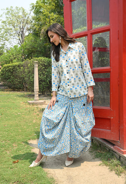 White & Blue Floral Hand-Block Shirt & Scalloped Utility Dhoti Co-ord Set