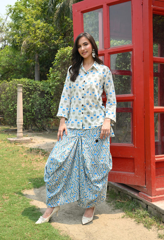 White & Blue Floral Hand-Block Shirt & Scalloped Utility Dhoti Co-ord Set