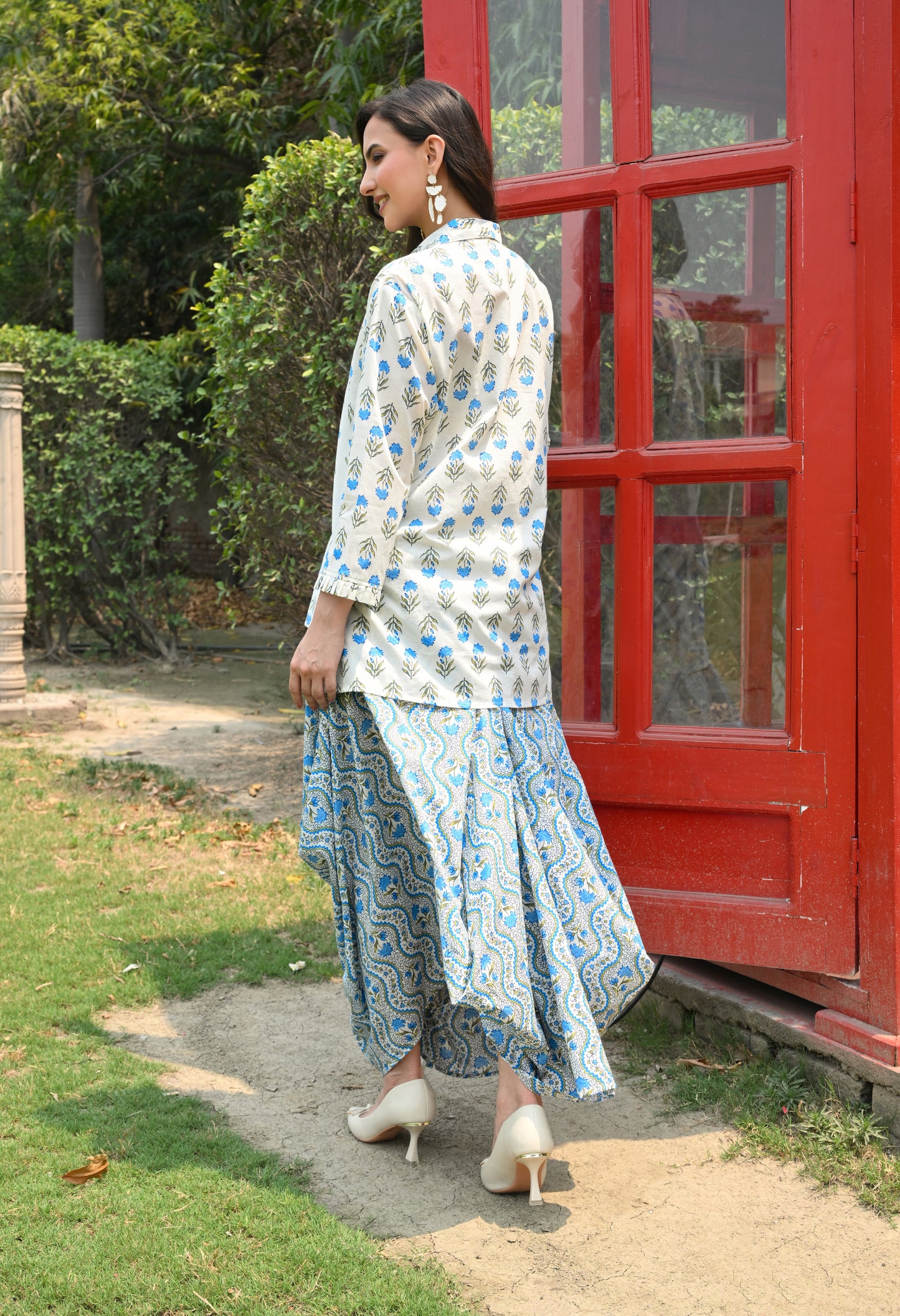 White & Blue Floral Hand-Block Shirt & Scalloped Utility Dhoti Co-ord Set