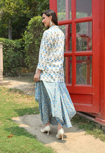 White & Blue Floral Hand-Block Shirt & Scalloped Utility Dhoti Co-ord Set
