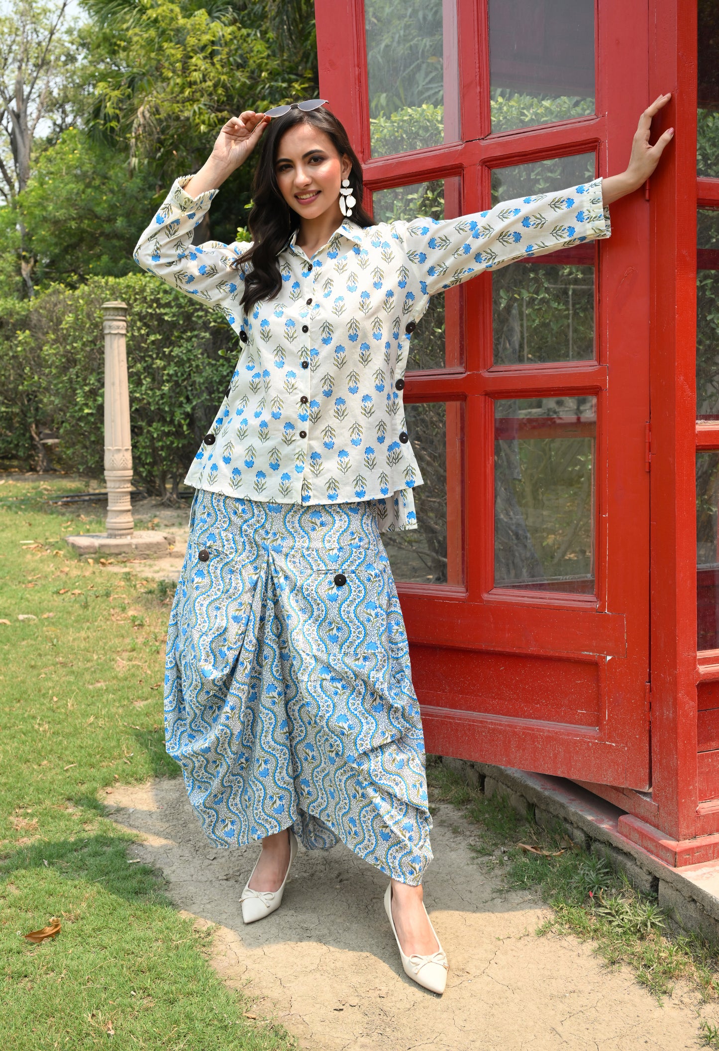 White & Blue Floral Hand-Block Shirt & Scalloped Utility Dhoti Co-ord Set
