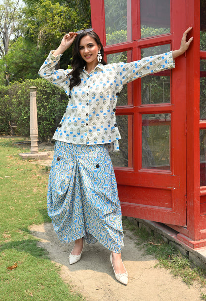 White & Blue Floral Hand-Block Shirt & Scalloped Utility Dhoti Co-ord Set