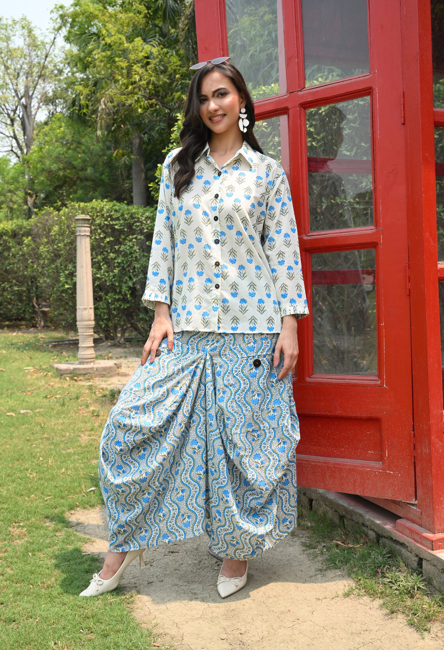 White & Blue Floral Hand-Block Shirt & Scalloped Utility Dhoti Co-ord Set