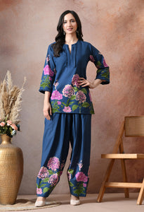 Teal Blue Floral Printed Cotton Co-ord Set – Farshi Salwar Ethnic Wear
