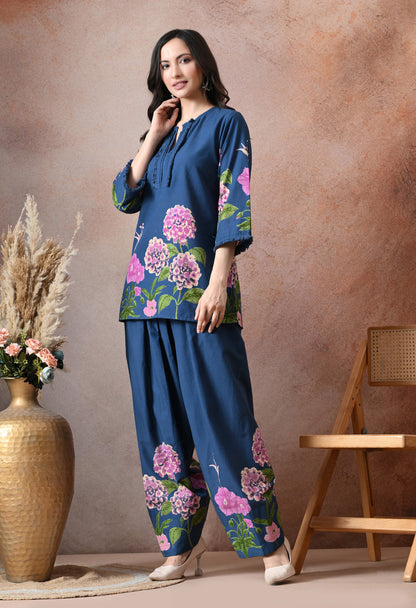 Teal Blue Floral Printed Cotton Co-ord Set – Farshi Salwar Ethnic Wear