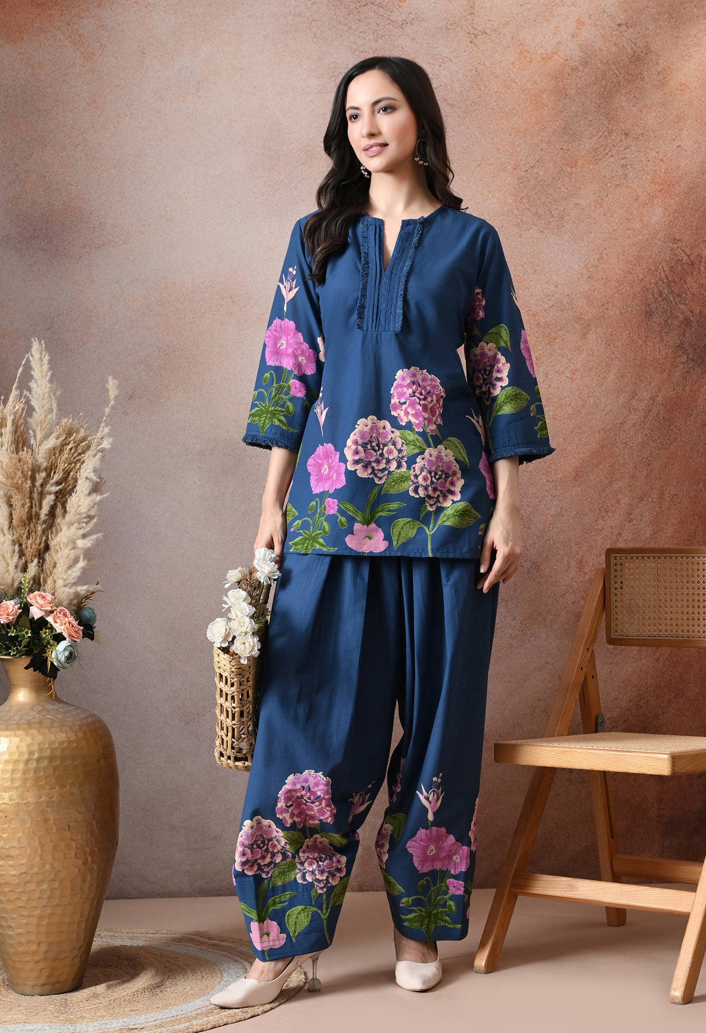 Teal Blue Floral Printed Cotton Co-ord Set – Farshi Salwar Ethnic Wear