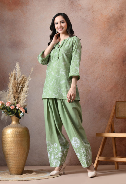Sage Green Floral Printed Cotton Co-ord Set – Farshi Salwar Ethnic Wear