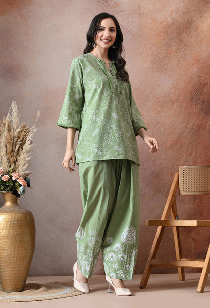 Sage Green Floral Printed Cotton Co-ord Set – Farshi Salwar Ethnic Wear