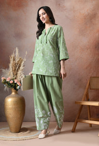 Sage Green Floral Printed Cotton Co-ord Set – Farshi Salwar Ethnic Wear