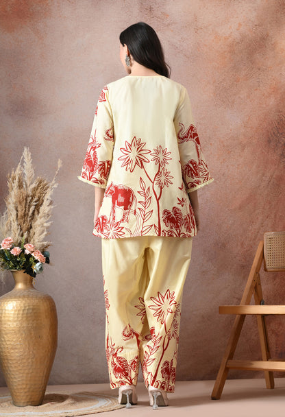 Off-White and Red Giraffe Floral Print Cotton Co-ord Set – Farshi Salwar Ethnic Wear