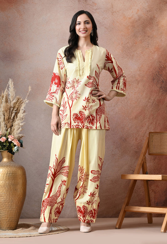 Off-White and Red Giraffe Floral Print Cotton Co-ord Set – Farshi Salwar Ethnic Wear