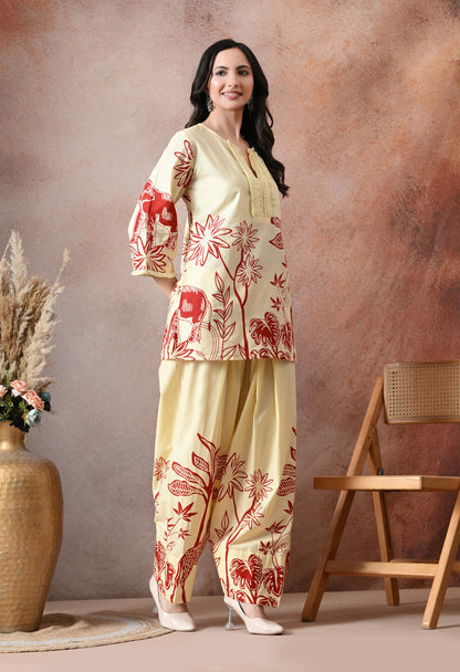 Off-White and Red Giraffe Floral Print Cotton Co-ord Set – Farshi Salwar Ethnic Wear