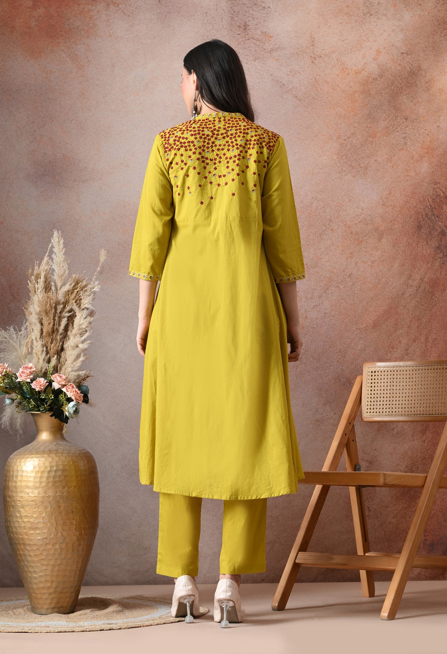 Mustard Bloom Embroidered Cotton Co-ord Set – Three-Piece Jacket & Pant Set