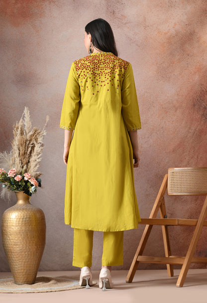 Mustard Bloom Embroidered Cotton Co-ord Set – Three-Piece Jacket & Pant Set