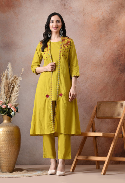 Mustard Bloom Embroidered Cotton Co-ord Set – Three-Piece Jacket & Pant Set