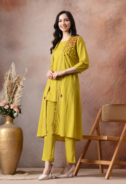 Mustard Bloom Embroidered Cotton Co-ord Set – Three-Piece Jacket & Pant Set