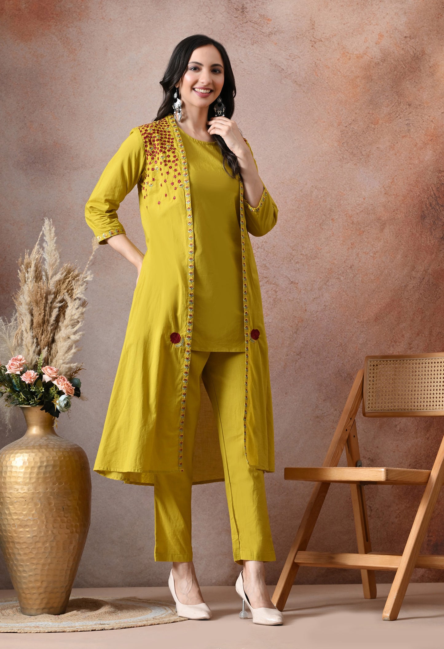 Mustard Bloom Embroidered Cotton Co-ord Set – Three-Piece Jacket & Pant Set
