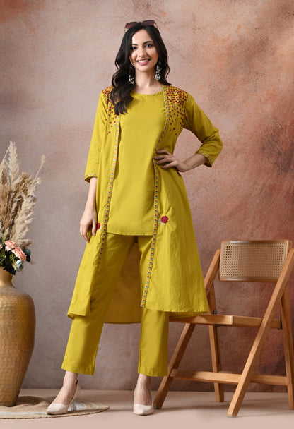 Mustard Bloom Embroidered Cotton Co-ord Set – Three-Piece Jacket & Pant Set