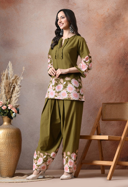 Mehndi Green Floral Printed Cotton Co-ord Set – Farshi Salwar Ethnic Wear