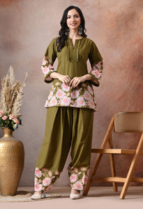 Mehndi Green Floral Printed Cotton Co-ord Set – Farshi Salwar Ethnic Wear