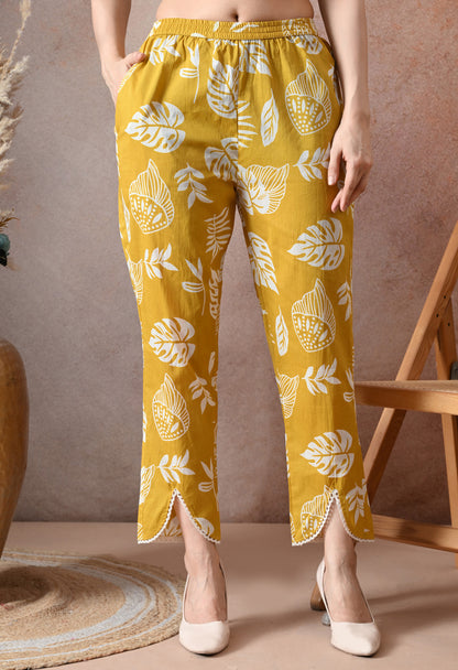 Mustard Yellow Leaf Print Cotton Co-ord Set – Kurta & Tulip Pant Set