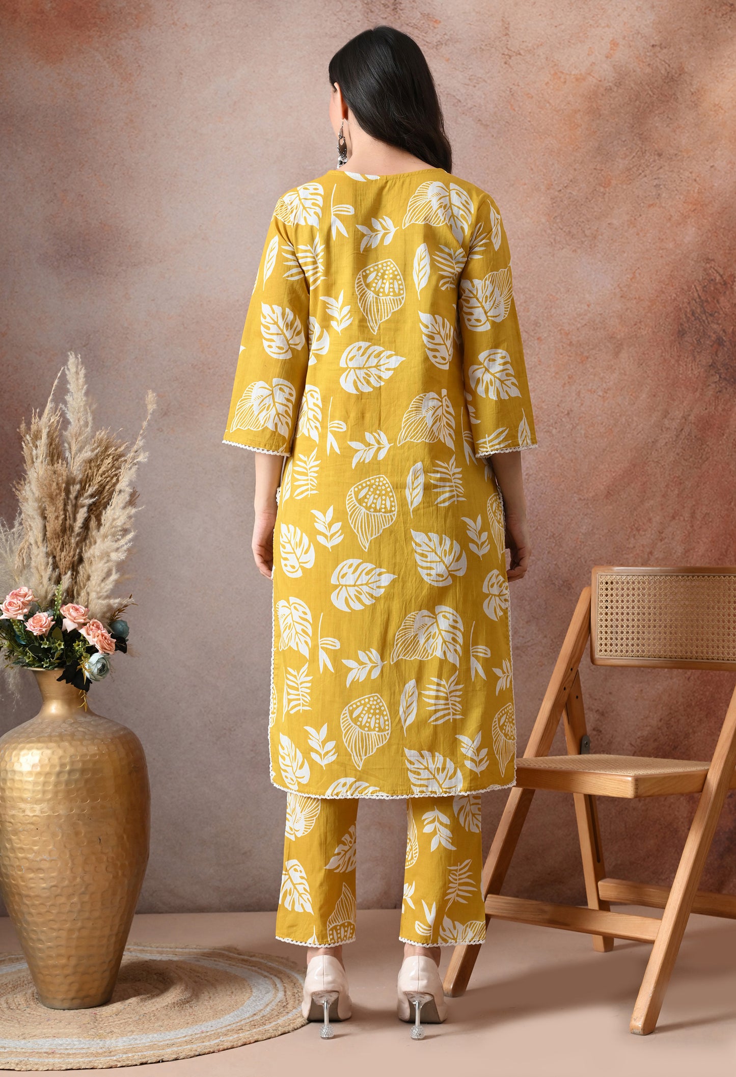Mustard Yellow Leaf Print Cotton Co-ord Set – Kurta & Tulip Pant Set
