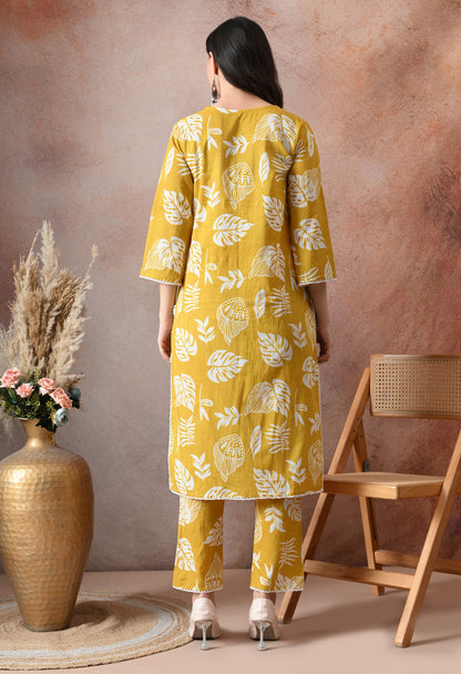 Mustard Yellow Leaf Print Cotton Co-ord Set – Kurta & Tulip Pant Set