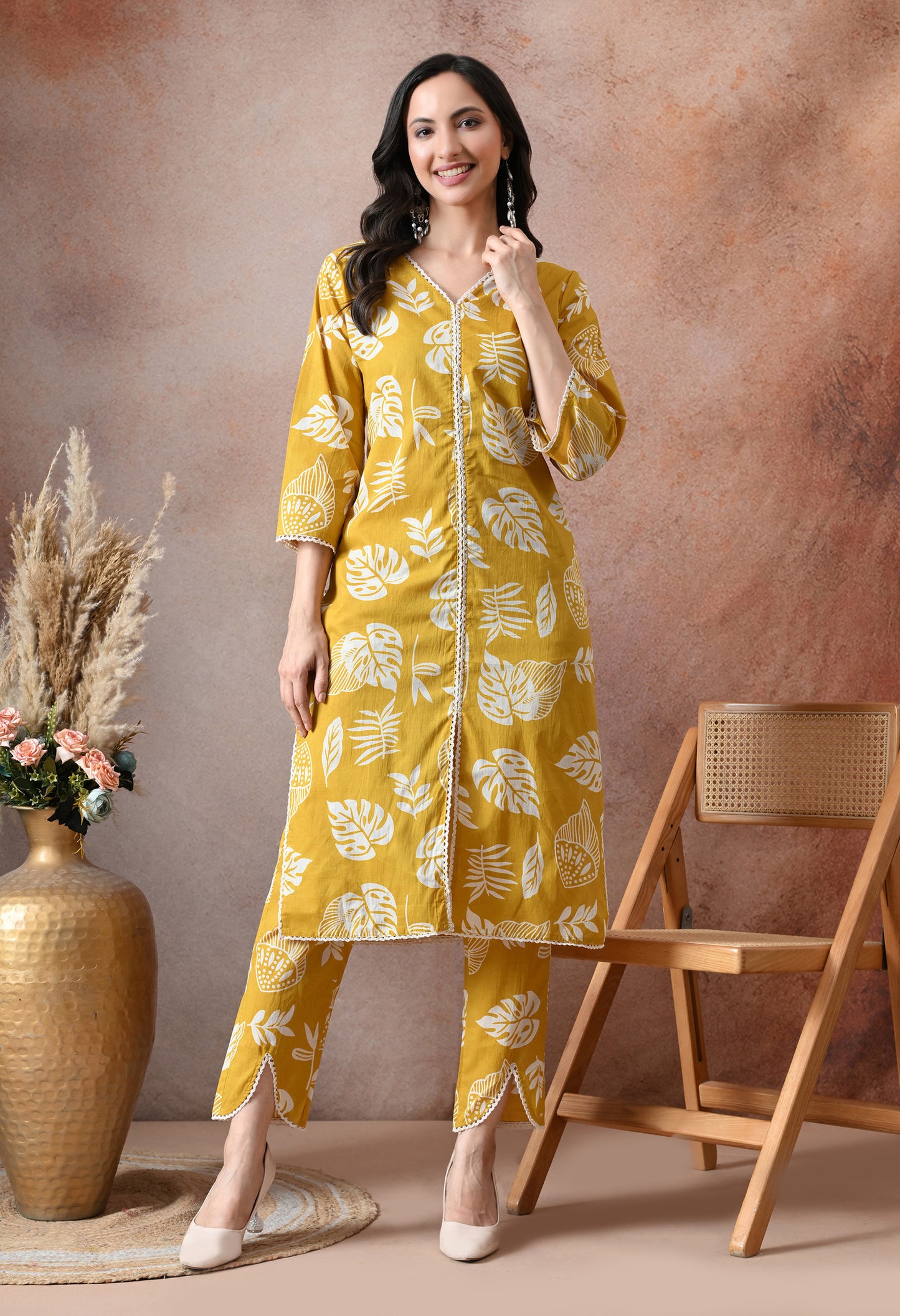 Mustard Yellow Leaf Print Cotton Co-ord Set – Kurta & Tulip Pant Set