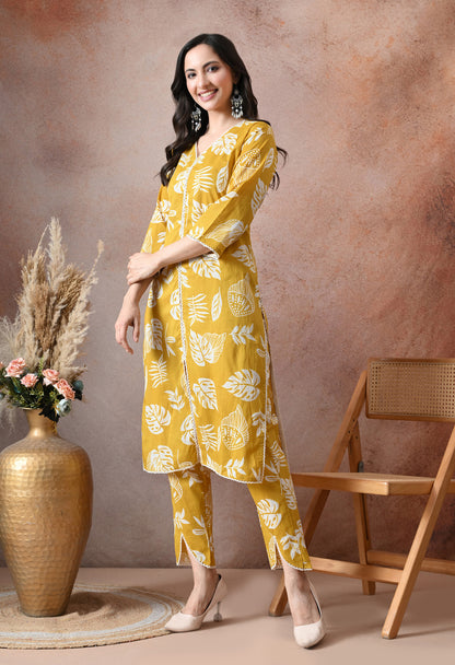 Mustard Yellow Leaf Print Cotton Co-ord Set – Kurta & Tulip Pant Set