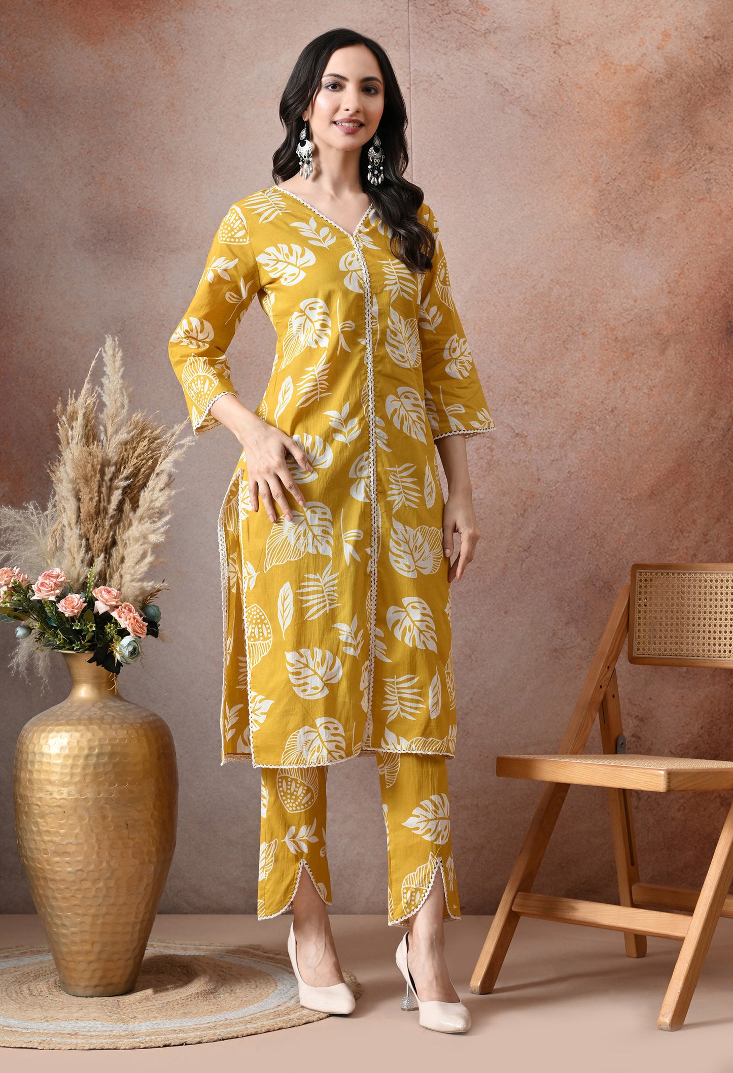 Mustard Yellow Leaf Print Cotton Co-ord Set – Kurta & Tulip Pant Set
