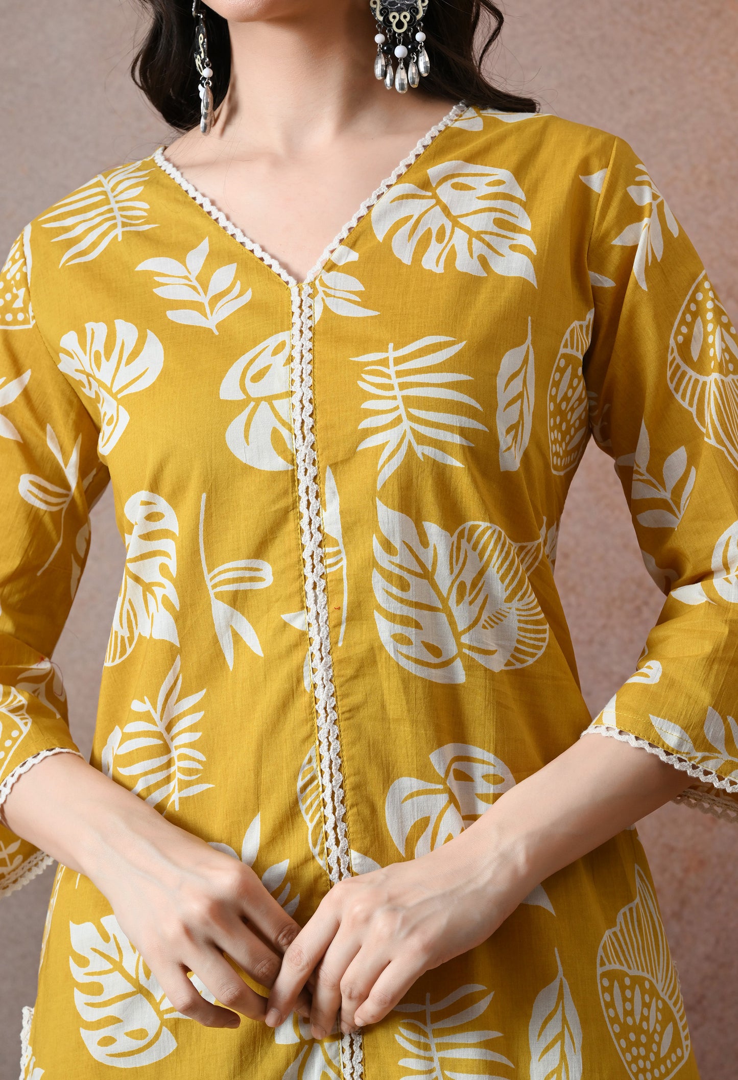 Mustard Yellow Leaf Print Cotton Co-ord Set – Kurta & Tulip Pant Set